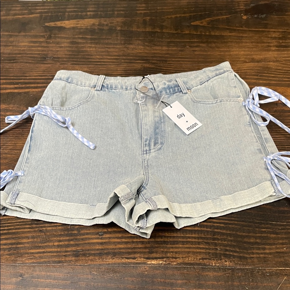 Day + Moon Women's Light Denim Shorts with Gingham Bow Tie Sides Cuffed Hem
